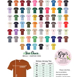 K&ouml;nnte beinhalten: Eine Farbkarte f&uuml;r Bella + Canvas 3001 Unisex-T-Shirts mit 60 verschiedenen Farben. Eine Gr&ouml;&szlig;entabelle f&uuml;r Unisex-Jersey-T-Shirts ist ebenfalls enthalten, die Brust- und L&auml;ngenma&szlig;e in Zoll f&uuml;r die Gr&ouml;&szlig;en XS bis 5XL zeigt.