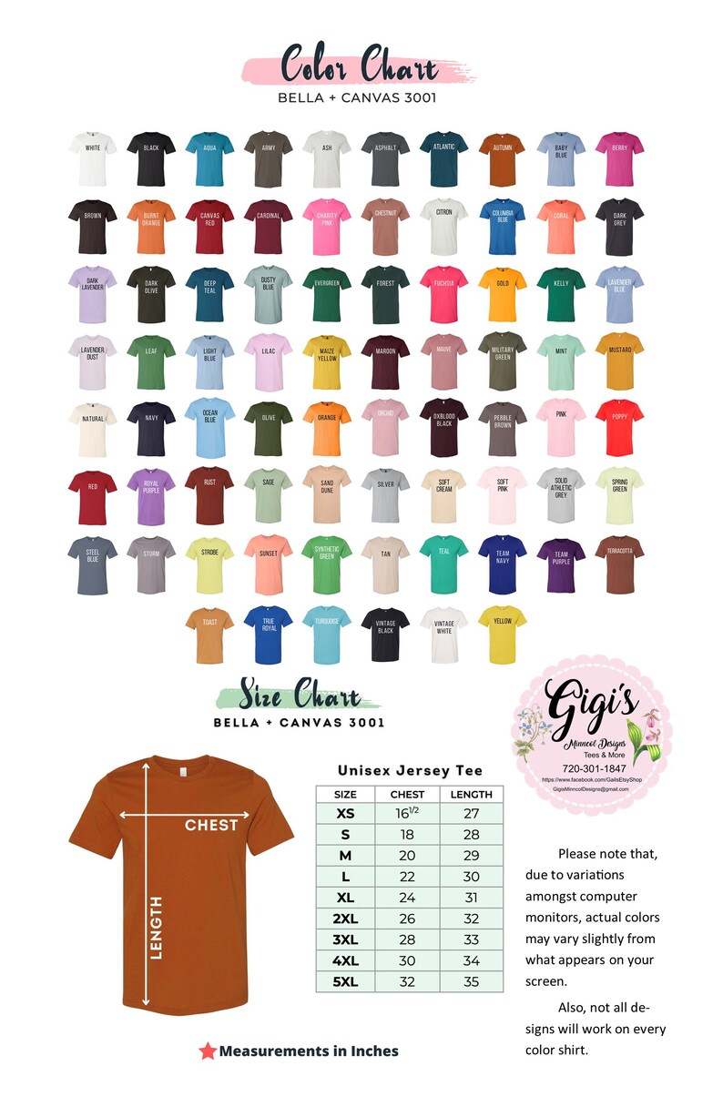 K&ouml;nnte beinhalten: Eine Farbkarte f&uuml;r Bella + Canvas 3001 Unisex-T-Shirts mit 60 verschiedenen Farben. Eine Gr&ouml;&szlig;entabelle f&uuml;r Unisex-Jersey-T-Shirts ist ebenfalls enthalten, die Brust- und L&auml;ngenma&szlig;e in Zoll f&uuml;r die Gr&ouml;&szlig;en XS bis 5XL zeigt.