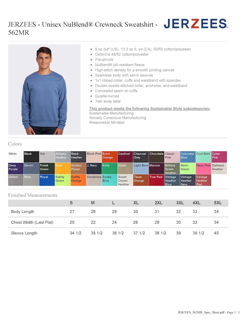 May include: A blue unisex crewneck sweatshirt from Jerzees. The image shows a man wearing the sweatshirt. The product details include color options and measurements. The sweatshirt is made of a cotton/polyester blend and features a pill-resistant fleece.
