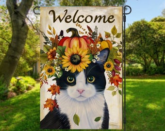 Welcome Sunflower Cat Garden Flag, Fall Seasonal House Flag, Fall Cat Outdoor Decor, Decorative Yard Flag, Sunflower Garden Flag