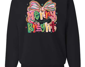 Merry & Bright Coquette Christmas Shirt, Merry Christmas Pink Bow Tee, Sweatshirt or Hoodie, Cute Holiday Bow Gift, Xmas Bow Lovers Top