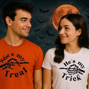 Couples Halloween Shirts, He&#39;s My Trick & She&#39;s My Treat, Skeleton Hand Matching Tees, Funny Halloween Couple Tees, Soft Unisex Fall Shirt