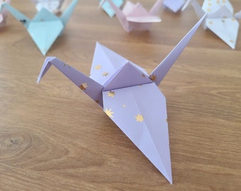 Set of 6, 12, 24 Handmade Origami Cranes Pastel Purple w/ Gold Metallic Stars | Origami Crane | Origami Bird | Party Baby Shower Celebration