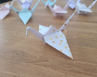 Set of 6, 12, 24 Handmade Origami Cranes White w/ Metallic Gold Dots | Paper Decor | Origami Bird | Party Baby Shower Celebration Decoration