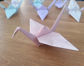 Set of 6, 12, 24 Handmade Origami Cranes Pastel Pink w/ Silver Metallic Stars | Origami Crane | Origami Bird | Party Baby Shower Celebration