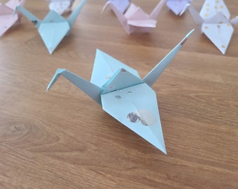 Set of 6, 12, 24 Handmade Origami Cranes Pastel Green w/ Silver Metallic Hearts | Origami Bird | Party Baby Shower Celebration Decoration