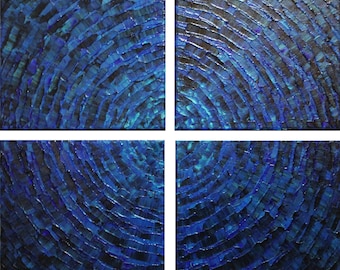 Abstract dark blue painting, contemporary quadriptych design