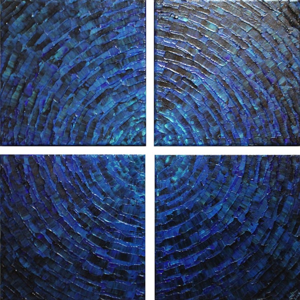 Peinture bleue sombre abstraite, quadriptyque contemporain design