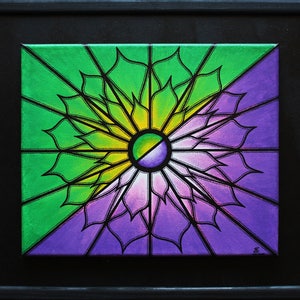 Abstract acrylic flower painting on Violet canvas - Green