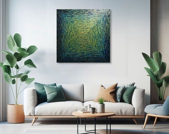 Large handmade painting | Large square gradient gold green blue iridescent 80 x 80 cm | Abstract art on canvas