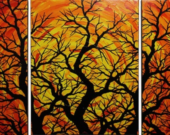 Triptych painting tree silhouettes