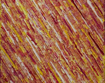 Abstraktes Acrylgemälde auf Leinwand, rosa, gelb, weiße Messerstruktur