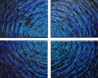 Original abstract blue work, modern quadriptych painting