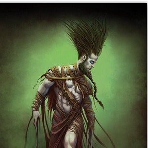 Puede incluir: Una pintura digital de una figura humanoide con cabello verde y barba. La figura lleva una túnica marrón desgarrada y tiene una expresión de dolor en su rostro.