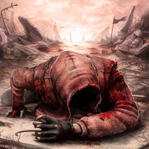 May include: Digital artwork of a figure in a tattered, blood-stained red hooded cloak, lying on a desolate, war-torn landscape. The scene features a ruined environment with a pale, overcast sky and distant structures. The overall tone is somber and apocalyptic.