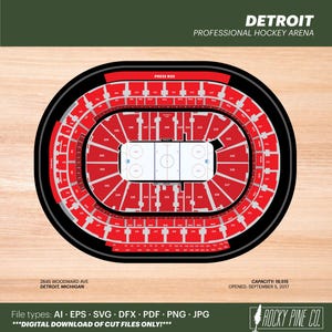 Op de afbeelding: Een zitplaatskaart voor de Detroit Professional Hockey Arena, die de lay-out van de zitsecties en de ijsbaan laat zien. De kaart is rood en zwart, met de ijsbaan in wit. De tekst "PRESS BOX" is zichtbaar bovenaan de kaart.