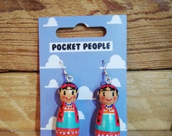 Frida Khalo handpainted wooden earrings with sterling silver hook