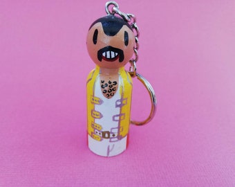Freddie Mercury handpainted wooden keyring, best present for a Queen fan