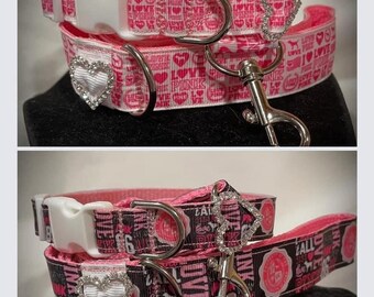 Pink ribbon leash and collar set, Love Pink