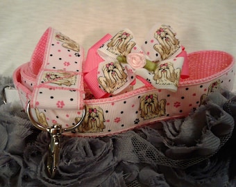 Shih Tzu ribbon leash and bow set, optional collar