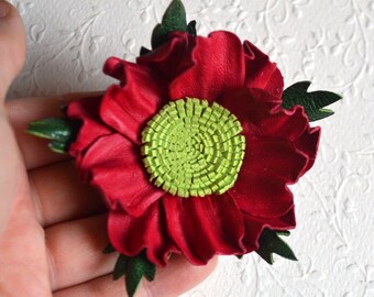 Red leather Flower brooch pin Floral jewelry Weeding gift mom, sister Christmas gift for her Birhtday gift Brooch handmade Gift for mother