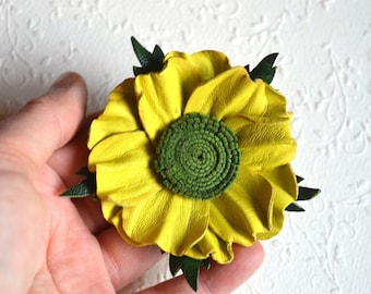 Yellow flower brooch leather jewelry handmade Unique gift for womens Christmas gift ideas Birthday gift Mom, her gift for sister, Wife gift