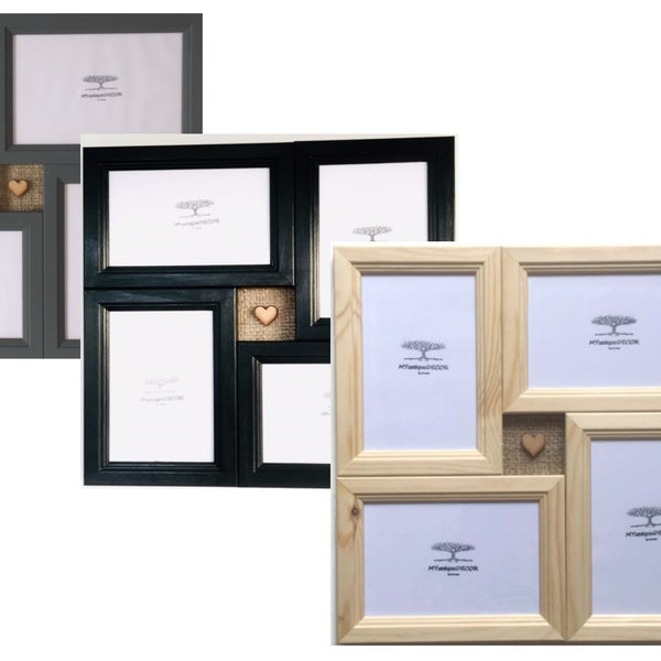 Cornice per foto collage in legno massello grezzo con decorazione di iuta e cuore in legno grezzo, bianco o grigio scuro