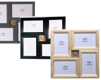 Collage Photo Picture Frame Unfinished Solid Wood with Hessian and Wooden Heart Decoration Unfinished, White or Dark Grey