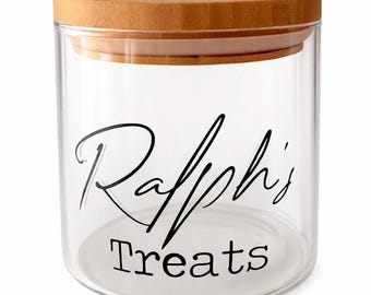 Personalised Pet Treat Glass Storage Jar Canister Wooden Lid Airtight Dog Cat