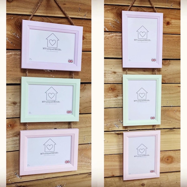 Triple Photo Picture Frame Handmade Hanging Multi 3 in 1 Pastel Colours Quality - Lavender | Mint | Baby Pink