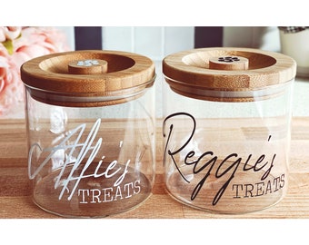 Personalised Pet Treat Glass Storage Jar Canister Wooden Lid Airtight Dog Cat