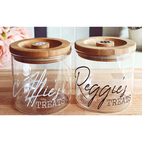 Personalised Pet Treat Glass Storage Jar Canister Wooden Lid Airtight Dog  Cat 