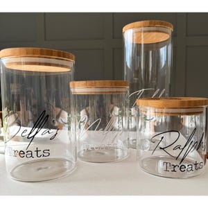 Personalised Pet Treat Glass Storage Jar Canister Wooden Lid Airtight Dog Cat