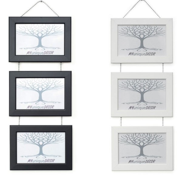 Triple Photo Picture Frame Linked Together with Chrome Ball Chain,. Black or White. 6x4, 5x7 inch or A4