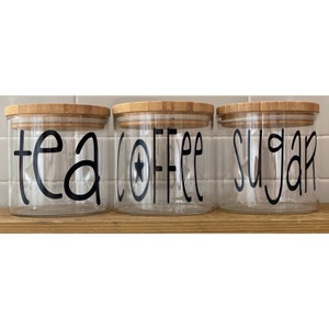 Set of 3 - Glass Storage Jar Canister Container with Airtight Wooden Lid Tea Coffee Sugar Pantry