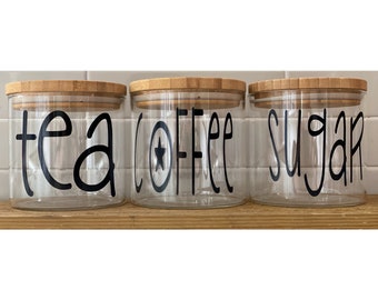 Set of 3 - Glass Storage Jar Canister Container with Airtight Wooden Lid Tea Coffee Sugar Pantry