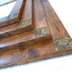 Photo Picture Frame Antique Rustic Wood Effect with Brass Filigree Corners.