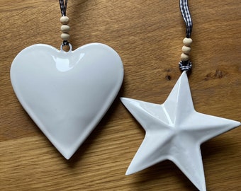 White Enamel Heart or Star Decoration Wooden Beads Gingham Ribbon Black White