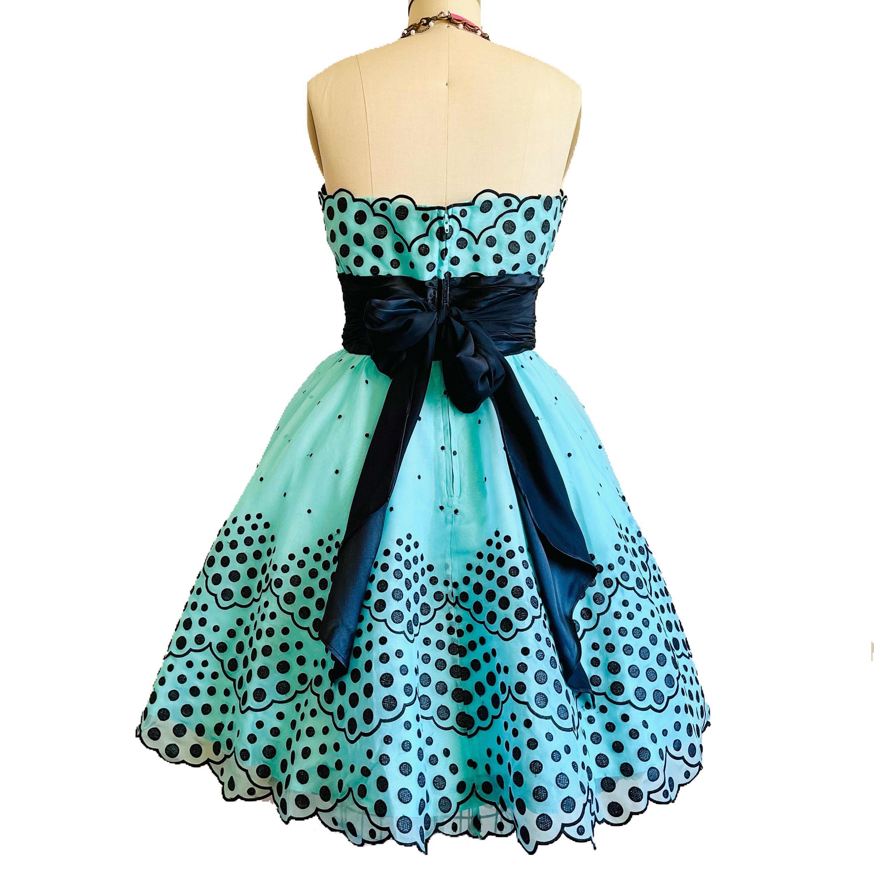 betsey johnson blue polka dot dress Vintage Betsey Johnson Navy Blue Polka Dot Dress With Velvet Bows Sz S