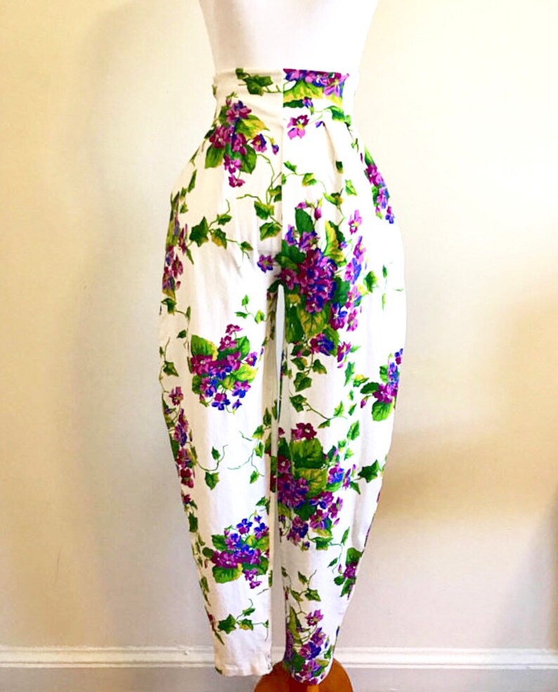 Vintage 1980/'s Betsey Johnson High Waisted Harem Punk Label Purple Floral Pants in Excellent Condition