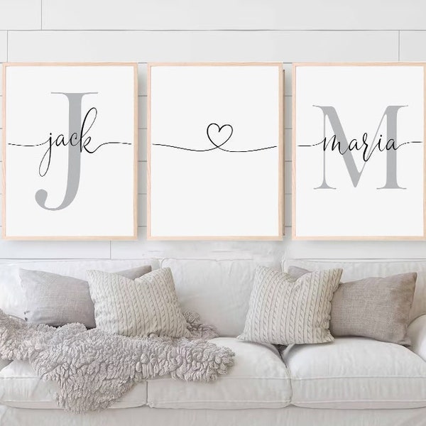 Personalised Couple Name Initial Monogram set of 3 prints,Custom Engagement/Wedding/Anniversary gift,Couple Bedroom sign,Over Bed art