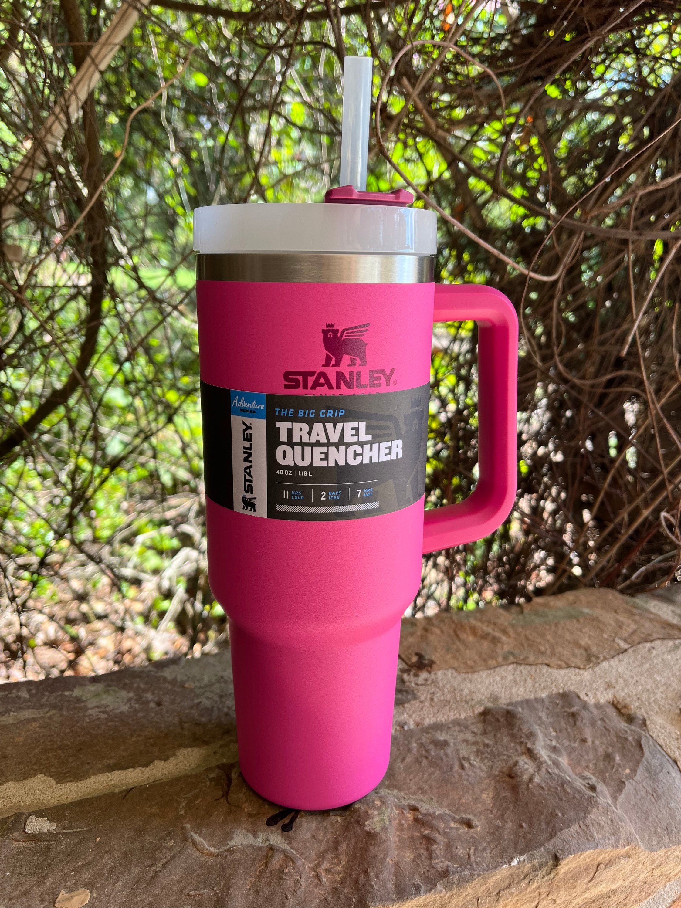 stanley travel mug with handle pink