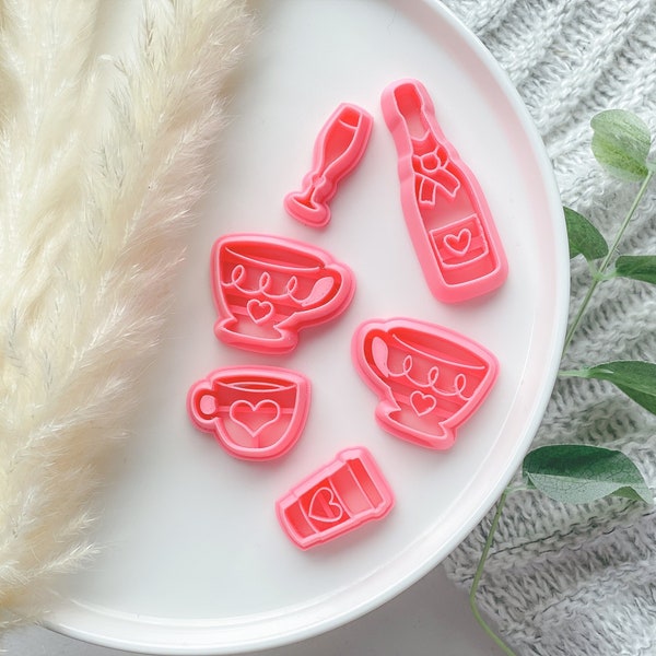Cortador de arcilla polimérica con forma de corazón de San Valentín, taza de champán, té o café • Cortador de fondant • Cortador de galletas