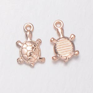 May include: Two gold-toned turtle charms. One turtle has a detailed shell design, while the other has a smooth, striped shell.