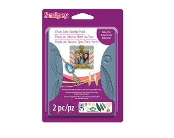 May include: A purple package with a clear plastic window showing a gray silicone mold for making jewelry. The mold has a picture frame, feathers, and other boho-chic designs. The package says "Oven Safe Silicone Mold" and "Boho Chic".