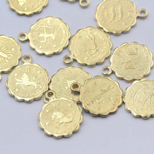 1pc/1set (12pcs), 12mm, Raw Brass Zodiac Charm in Raw Brass Colour