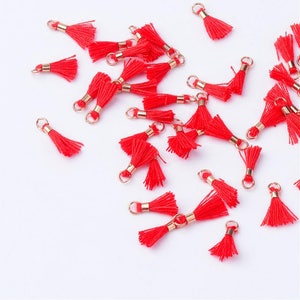 20pcs, 10~16x2mm, Cotton Tassel Pendant Decorations, With Unwelded Iron Jump Rings, Golden, Red
