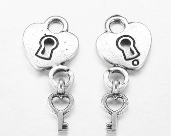 5 Heart Lock and Key Charms, Antique Silver Finish