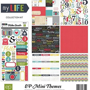 May include: A scrapbook collection kit with the text "my LIFE" and "EP Mini Themes." The kit includes patterned paper, sticker accents, and calendar pages. The color palette features red, blue, green, and yellow.