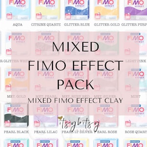May include: A collection of FIMO Effect clay packs in various colors, including blue, yellow, purple, and pink. The image features the text "MIXED FIMO EFFECT PACK" and "MIXED FIMO EFFECT CLAY". The product is from itsybitsy.